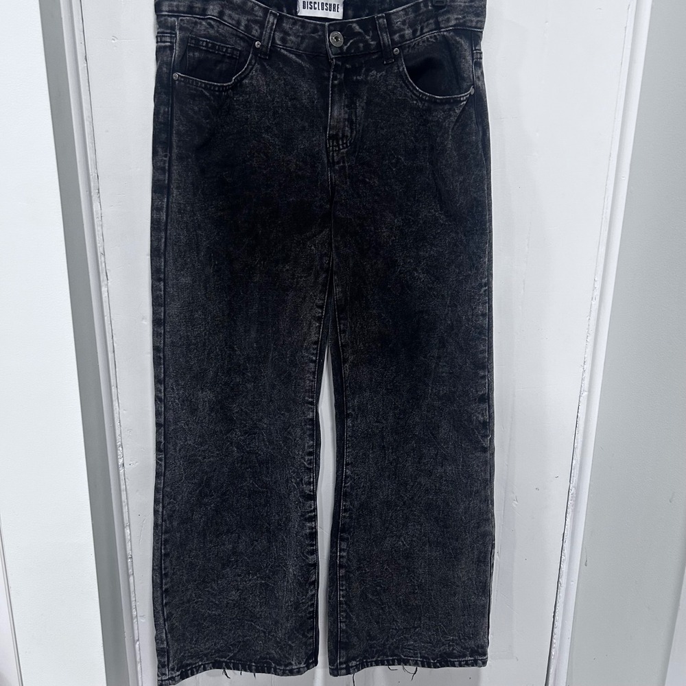 Disclosure Womens Black Acid Wash Wide Leg Jeans Size 9/29 Distressed Frayed Hem